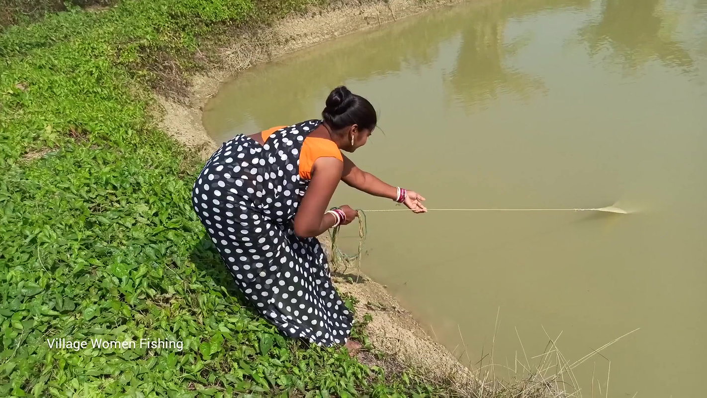 xAmazing net fishing by village women   Net Casting