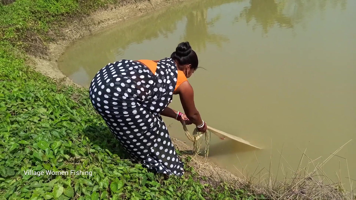 xAmazing net fishing by village women   Net Casting
