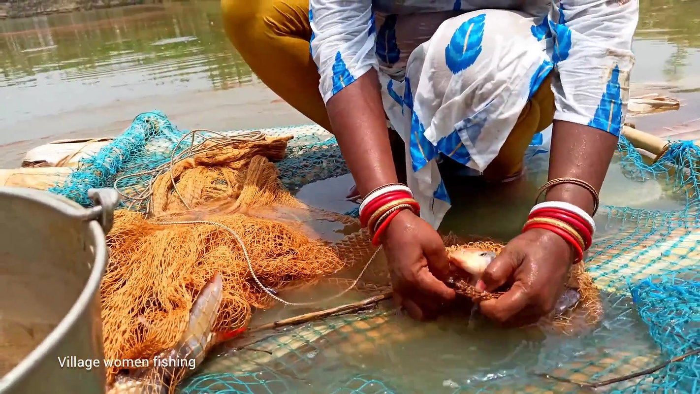 x Amazing Net fishing   Village women fishing floati