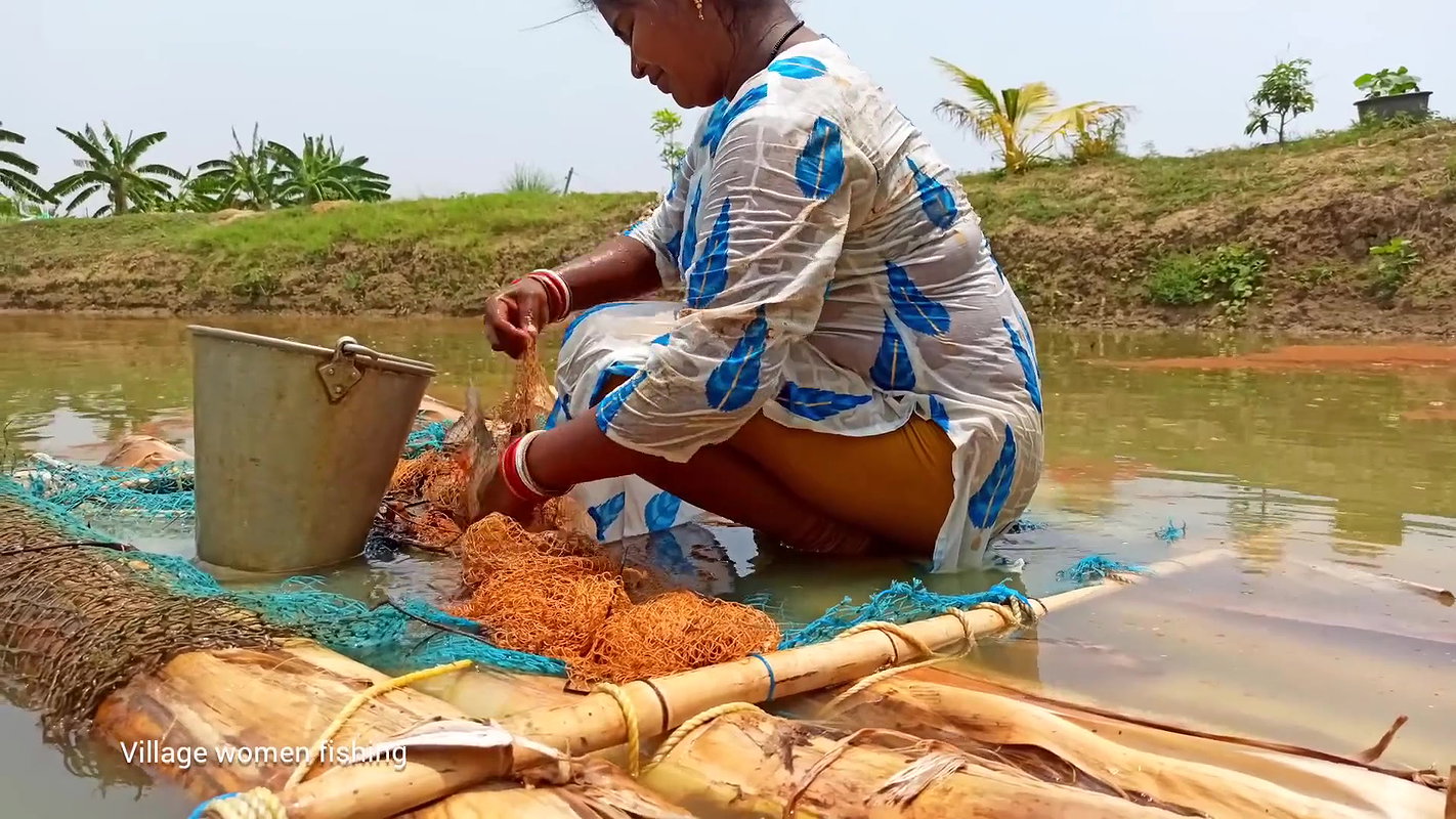 x Amazing Net fishing   Village women fishing floati