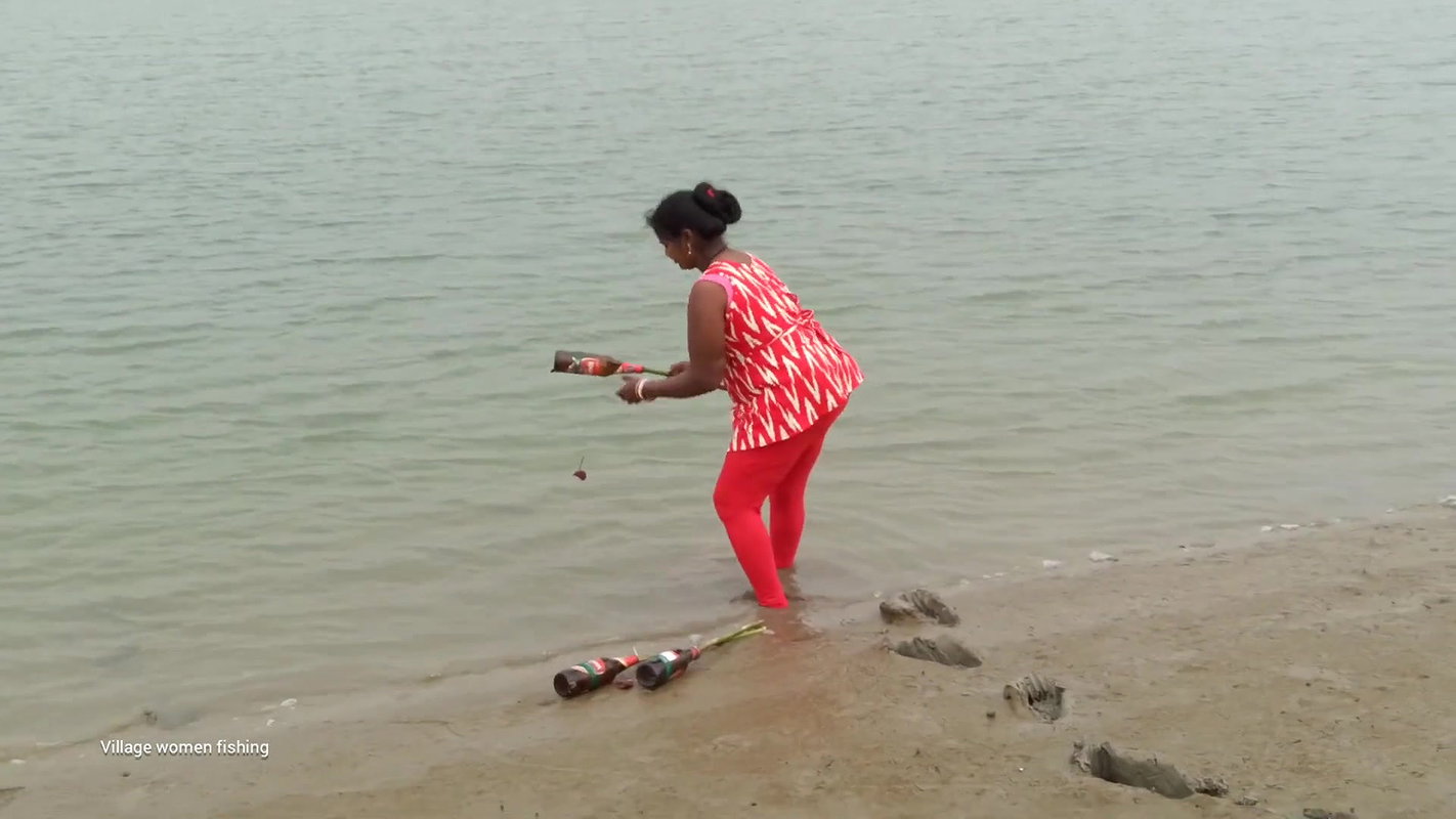 Amazing Village Lady Fishing with Beer Bottle   Vi