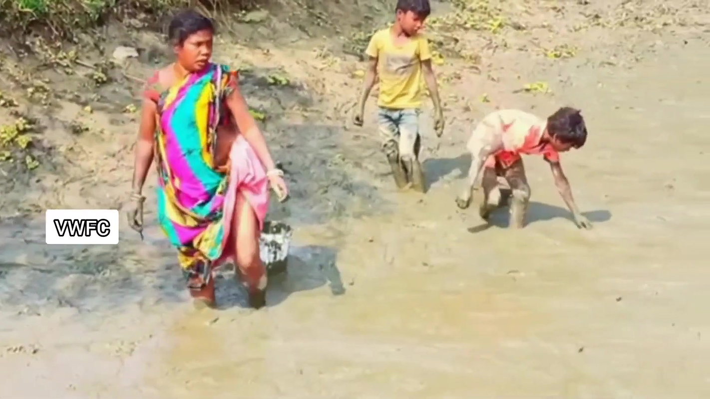 Amazing Village women collecting snails in Mud