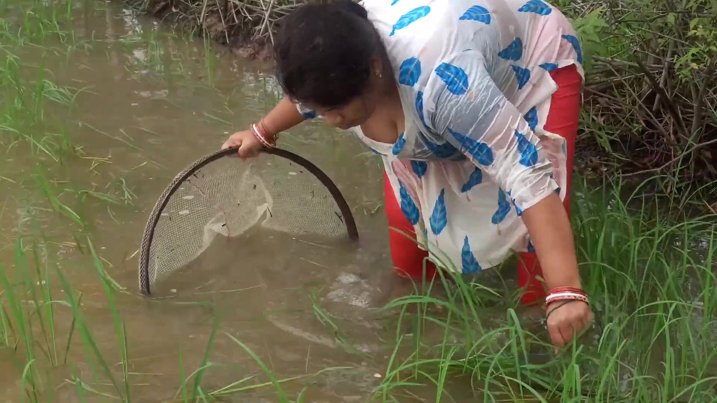 Amazing village women fishing technique    village