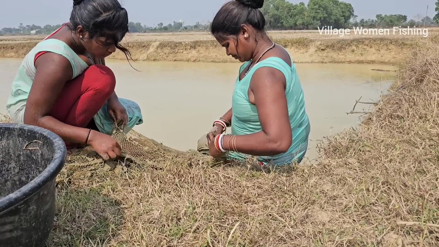 Amazing Village Women Net fishing in Muddy pond