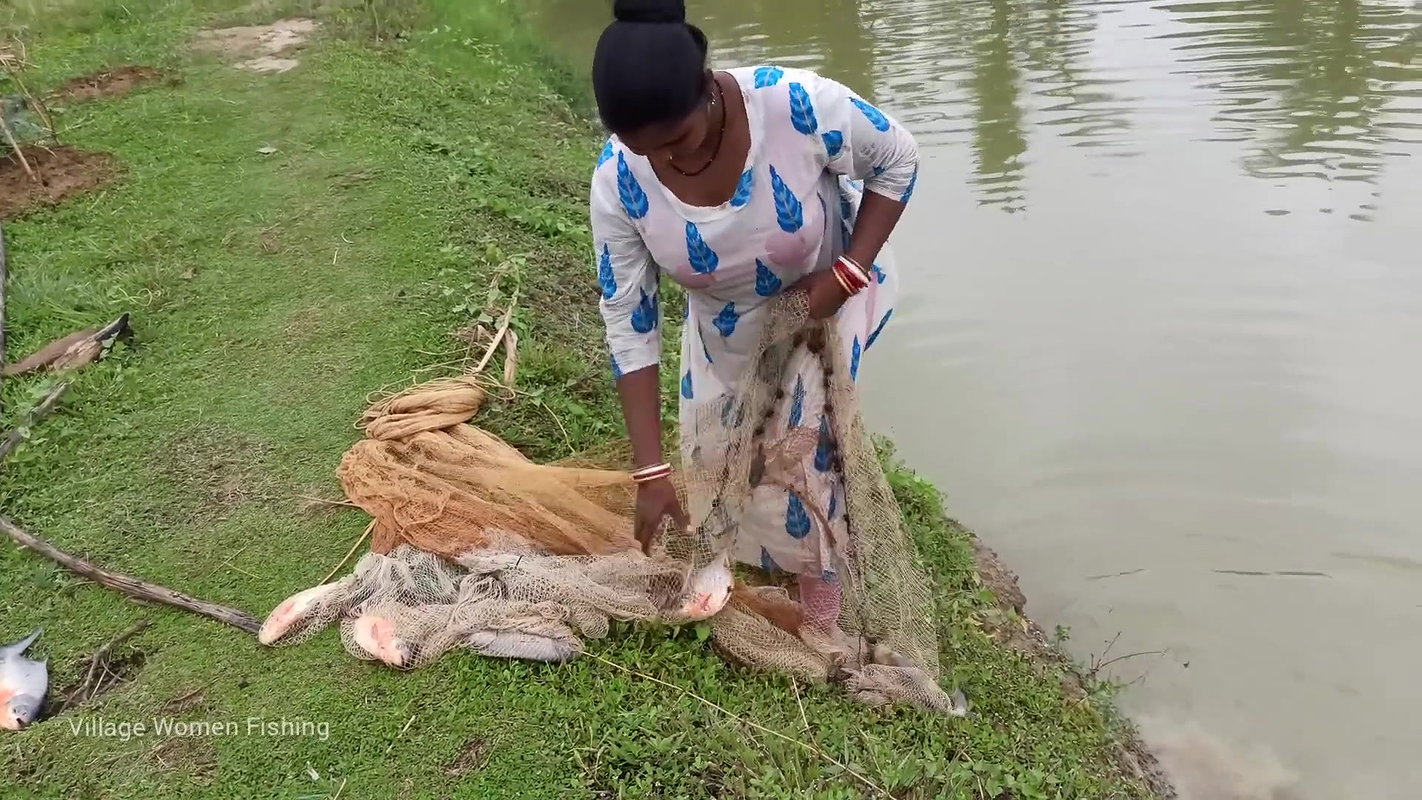 Amazing village women net fishing   Big Piranha fi