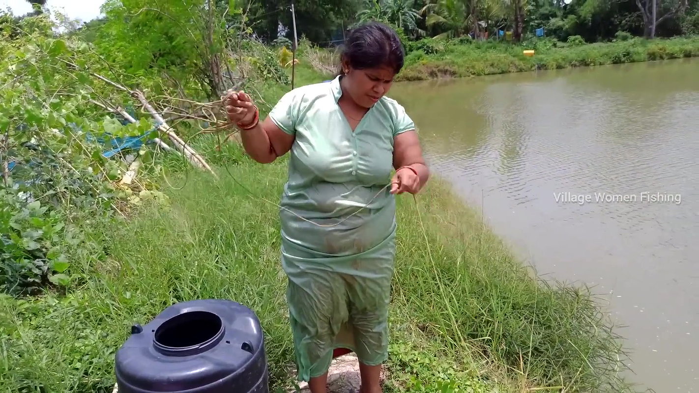 Beautiful Village Woman Net fishing in Pond    vil