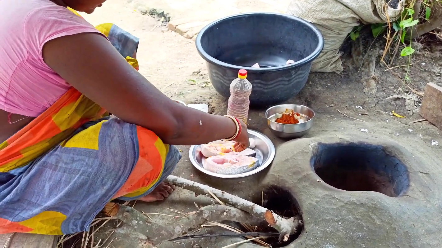 Cooking and Eating Fish Fry in Traditional village