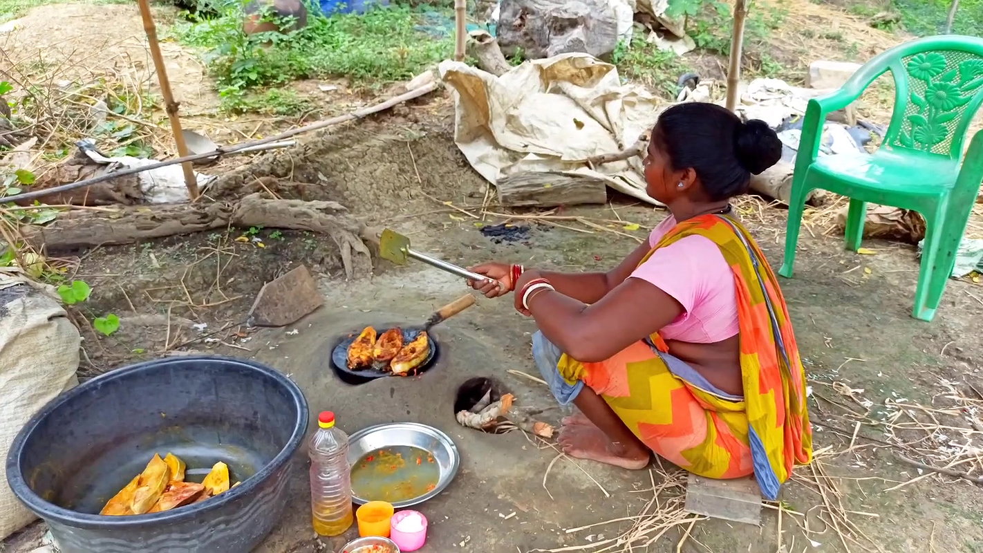 Cooking and Eating Fish Fry in Traditional village