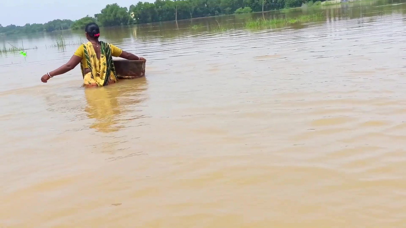 Indian Woman Goes Fishing in Flood