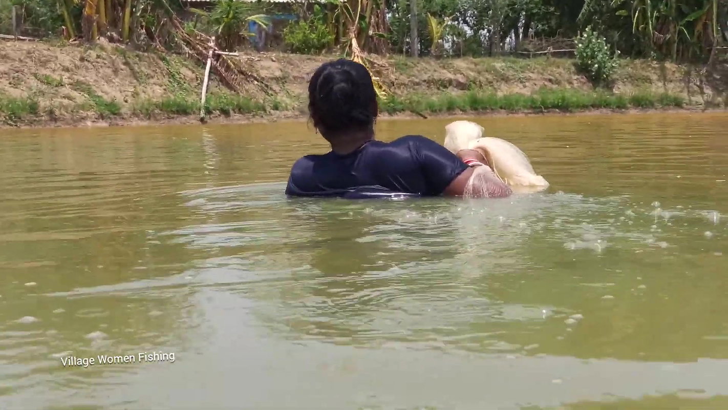 Net Fishing by Village women in village pond   Mou