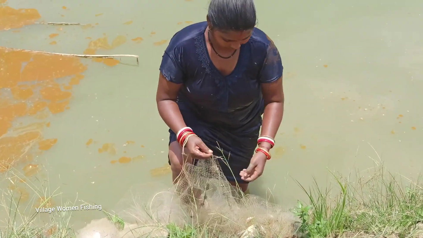 Net Fishing by Village women in village pond   Mou