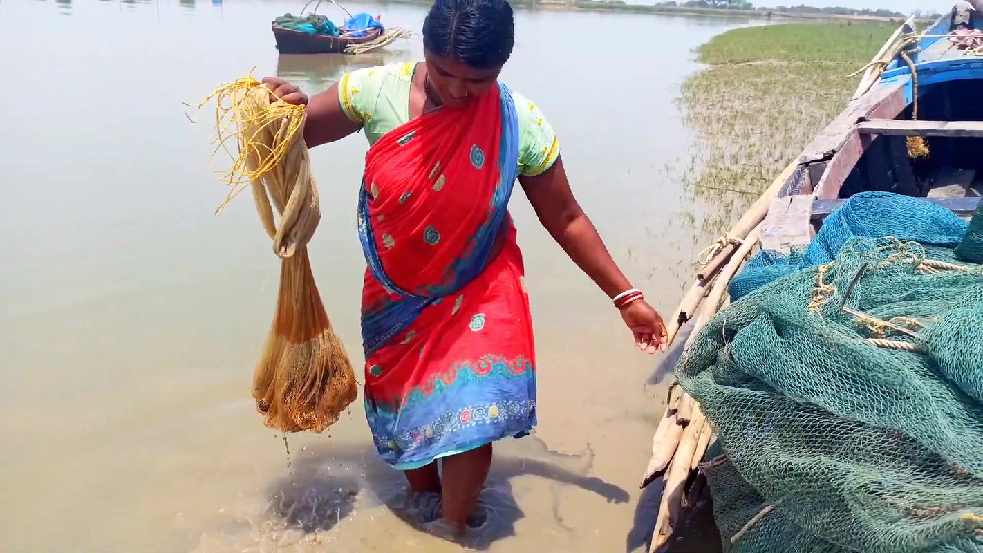 Net Fishing in Sea    Village Women Fishing Channe