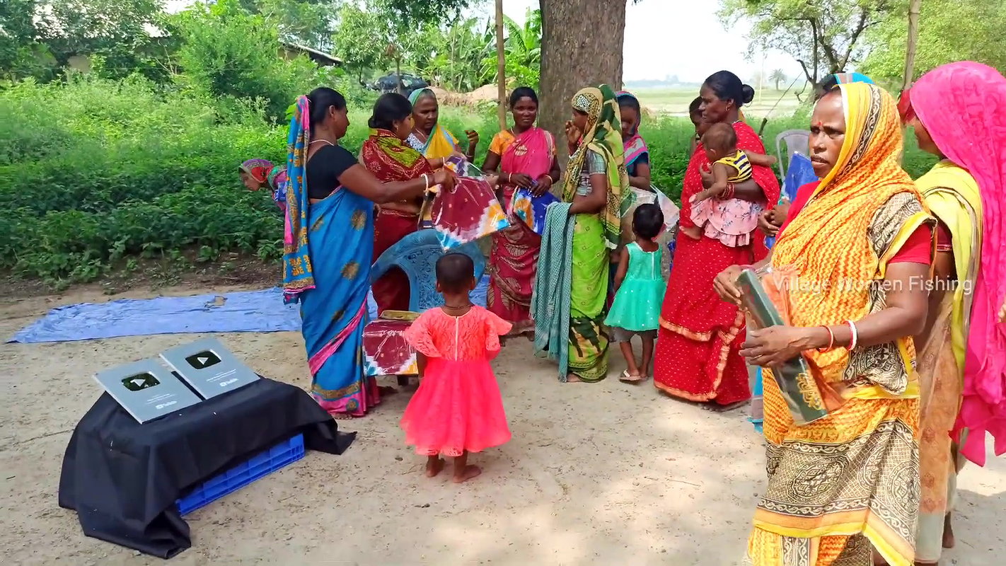 Village Women fishing channel Silver Play Button c