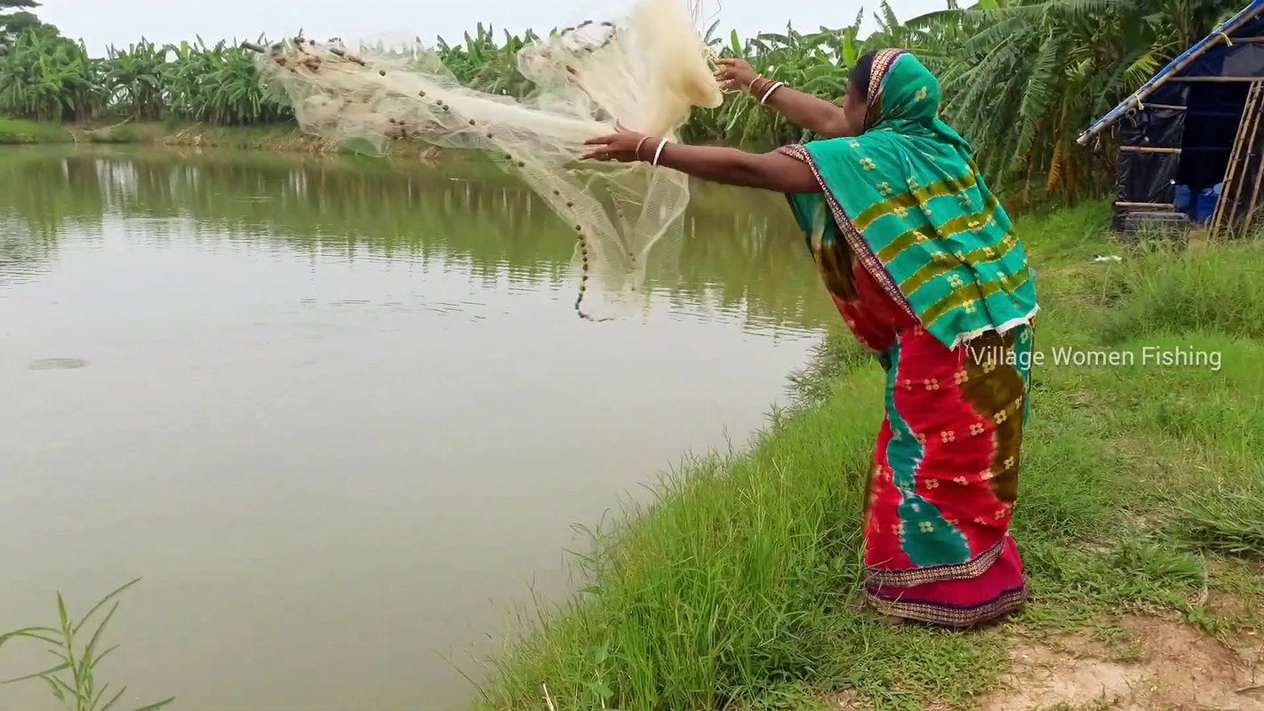 Village Women fishing channel Silver Play Button c