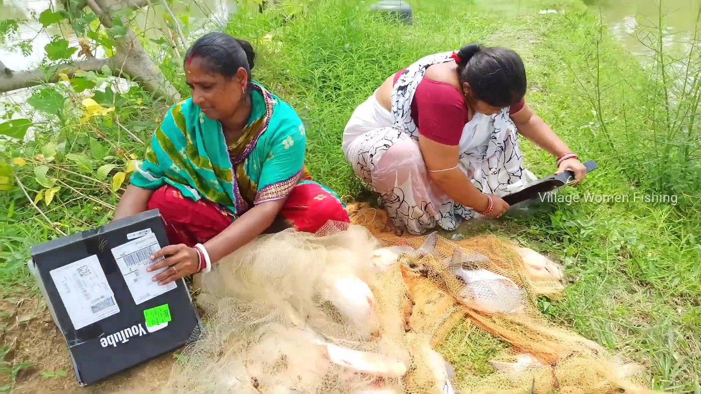 Village Women fishing channel Silver Play Button c