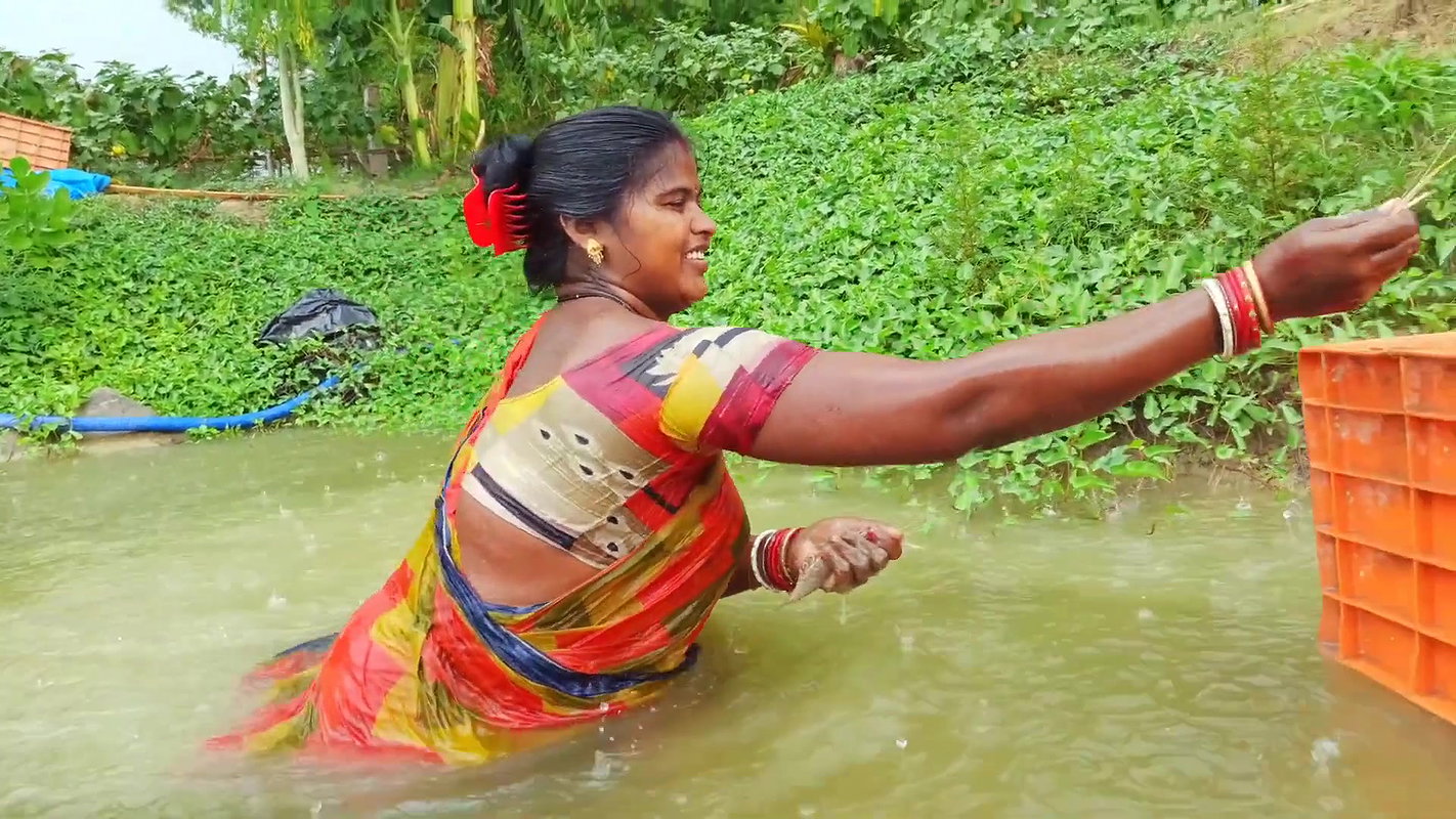 Village Women Fishing in Rain    Prawns Fishing in
