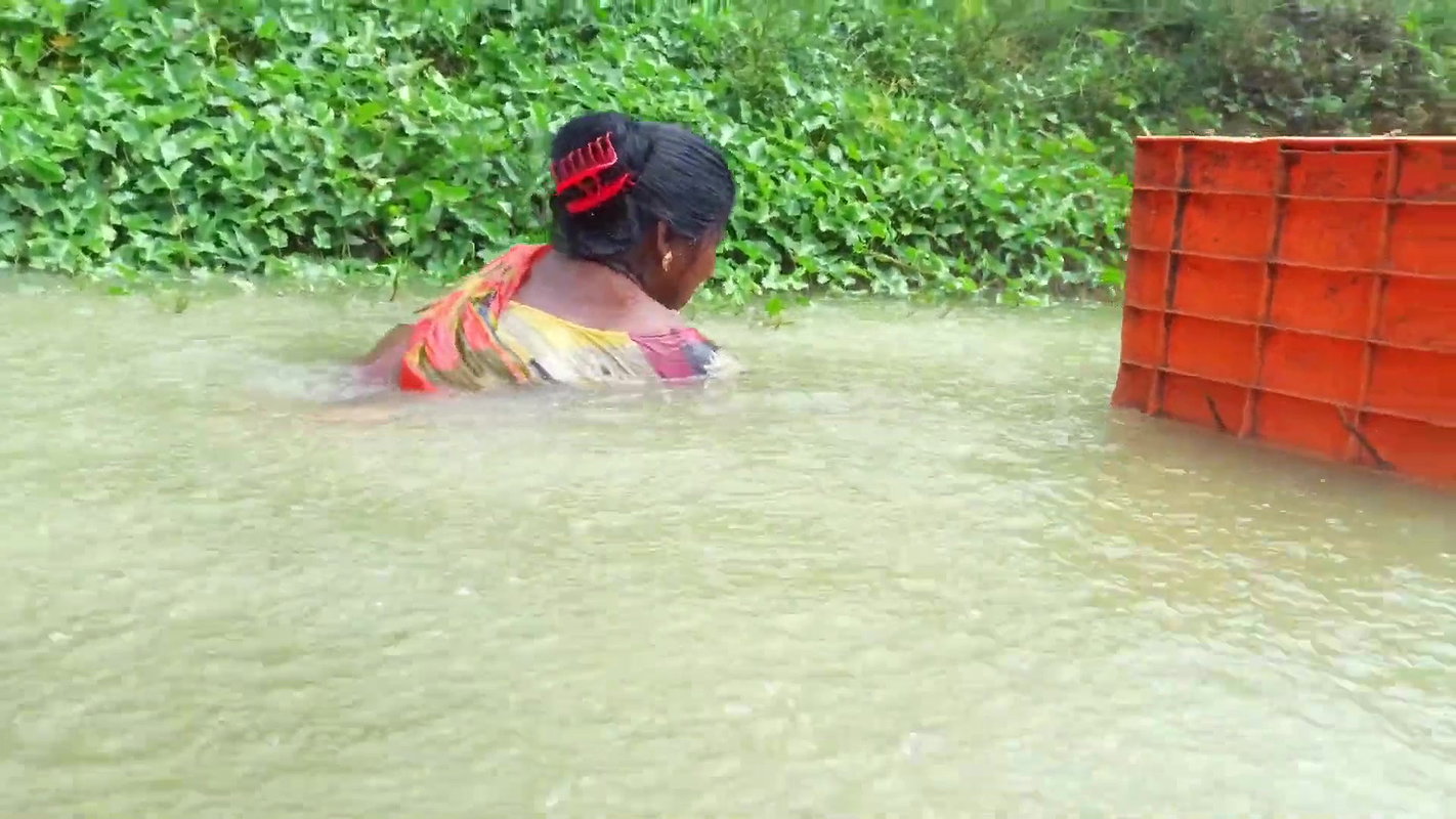 Village Women Fishing in Rain    Prawns Fishing in