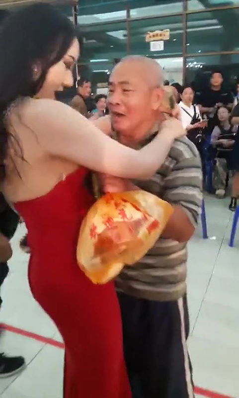 Old Man Pressing Model Boobs Openly