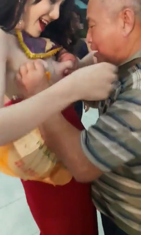 Old Man Pressing Model Boobs Openly