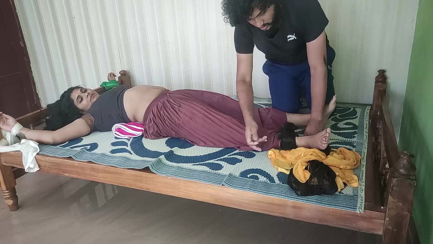 BDSM both hands and legs tied on both end of bed chocolate eat from navel hole saree removal panty only boobs and nipple suck