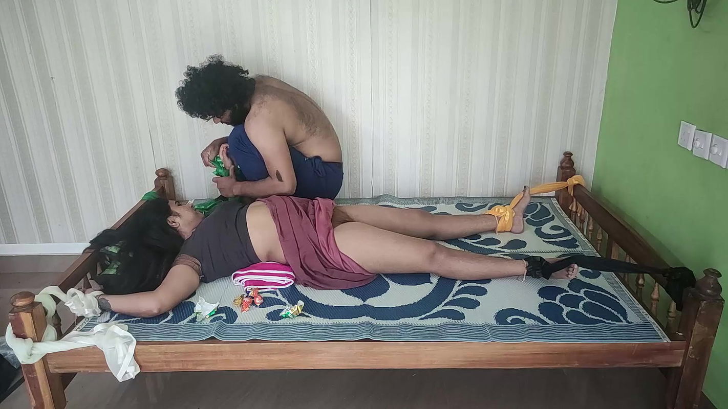 BDSM both hands and legs tied on both end of bed chocolate eat from navel hole saree removal panty only boobs and nipple suck