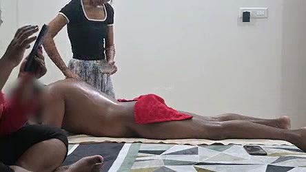 Two girls handjob and massage in spa