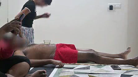 Maid nude massaging owner infront of wife