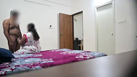 Fucking girlfriend mouth and blowjob while maid cleaning room