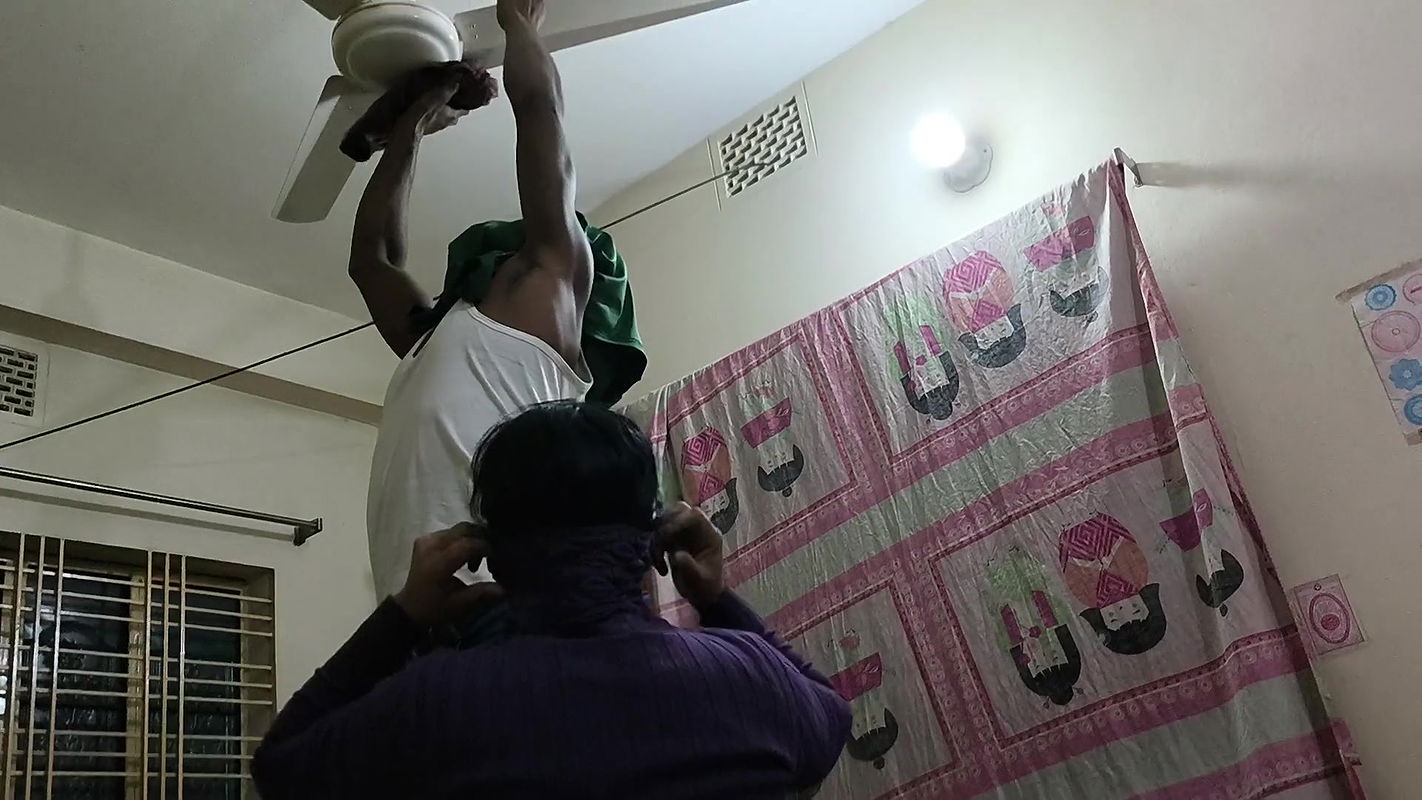 We are cleaning the fan in the room together. At that time very sexually