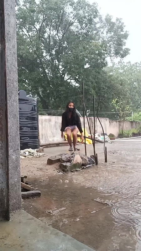 Cute desi college girl playing hard in rain boobies shake