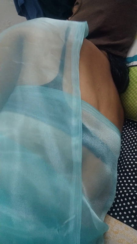 Kerala aunty on bed with transparent saree touching servant