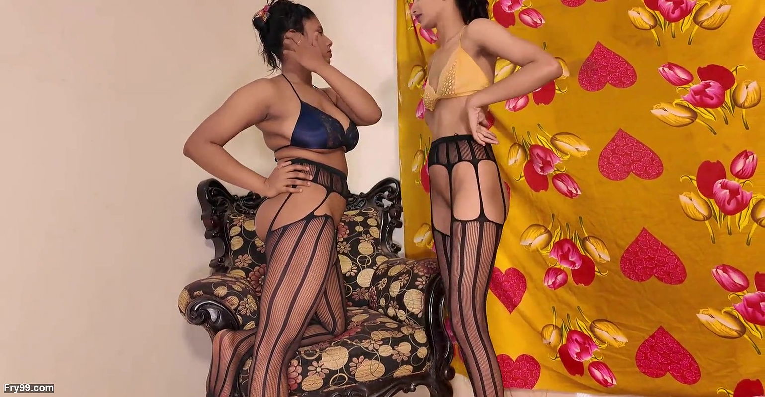 Two horny babes share a cock and both hardcore tight pussy fuck threesome FFM threesome