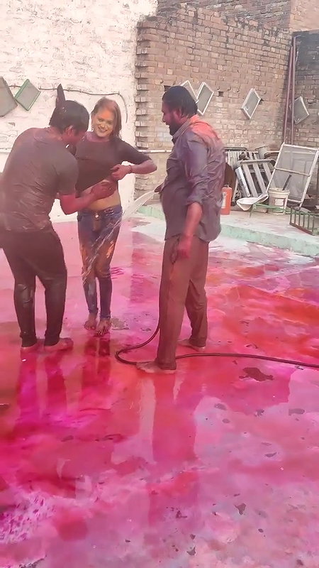 3 Guys pressing boobs of a desi girl during holi