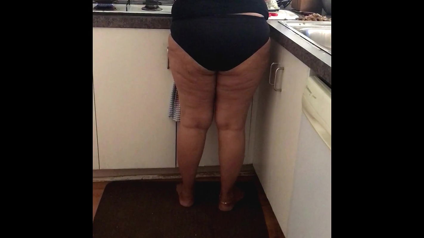 Sexy Brown Housewife Cooking in the Kitchen in Undies  Showing Beauitful Ass