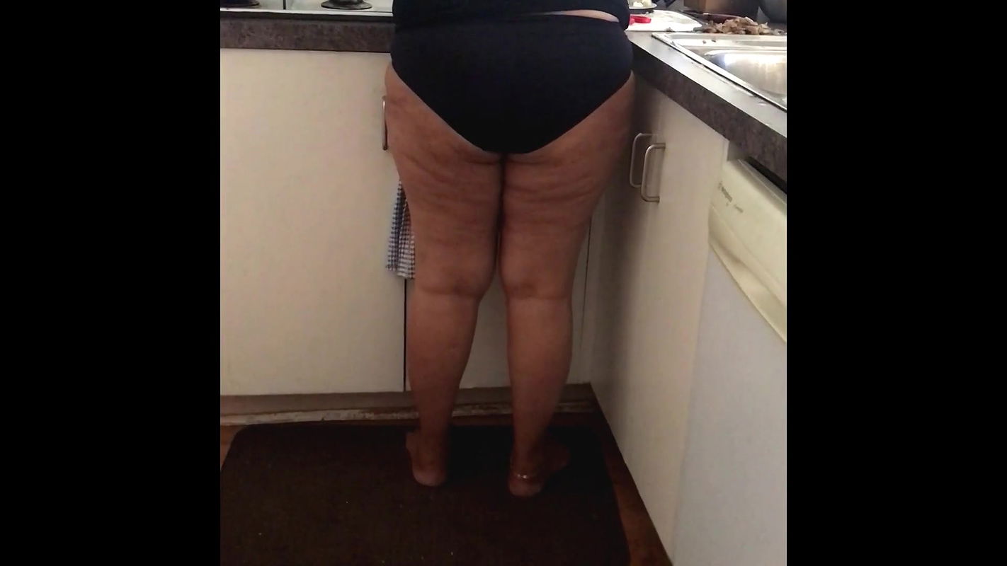 Sexy Brown Housewife Cooking in the Kitchen in Undies  Showing Beauitful Ass