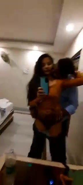 Lover in hotel mirror,boobs play and pussy fingering