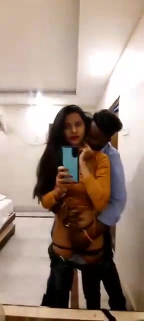 Lover in hotel mirror,boobs play and pussy fingering