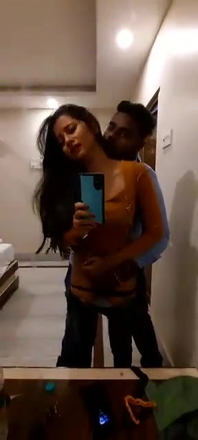 Lover in hotel mirror,boobs play and pussy fingering