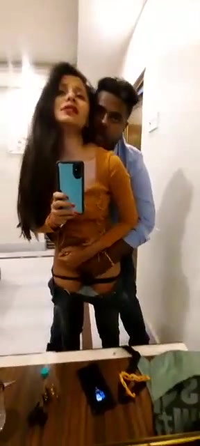 Lover in hotel mirror,boobs play and pussy fingering