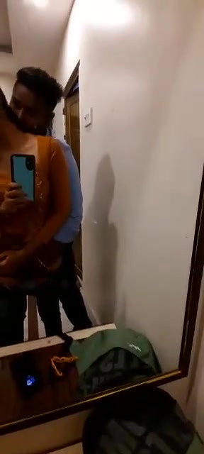 Lover in hotel mirror,boobs play and pussy fingering