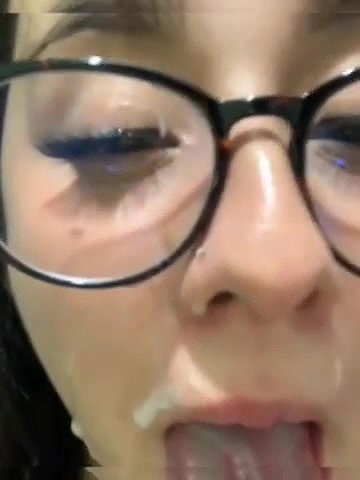 Cute Girl With Glasses Takes Cum All Over Her Face And In Mouth