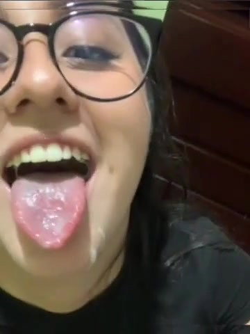 Cute Girl With Glasses Takes Cum All Over Her Face And In Mouth