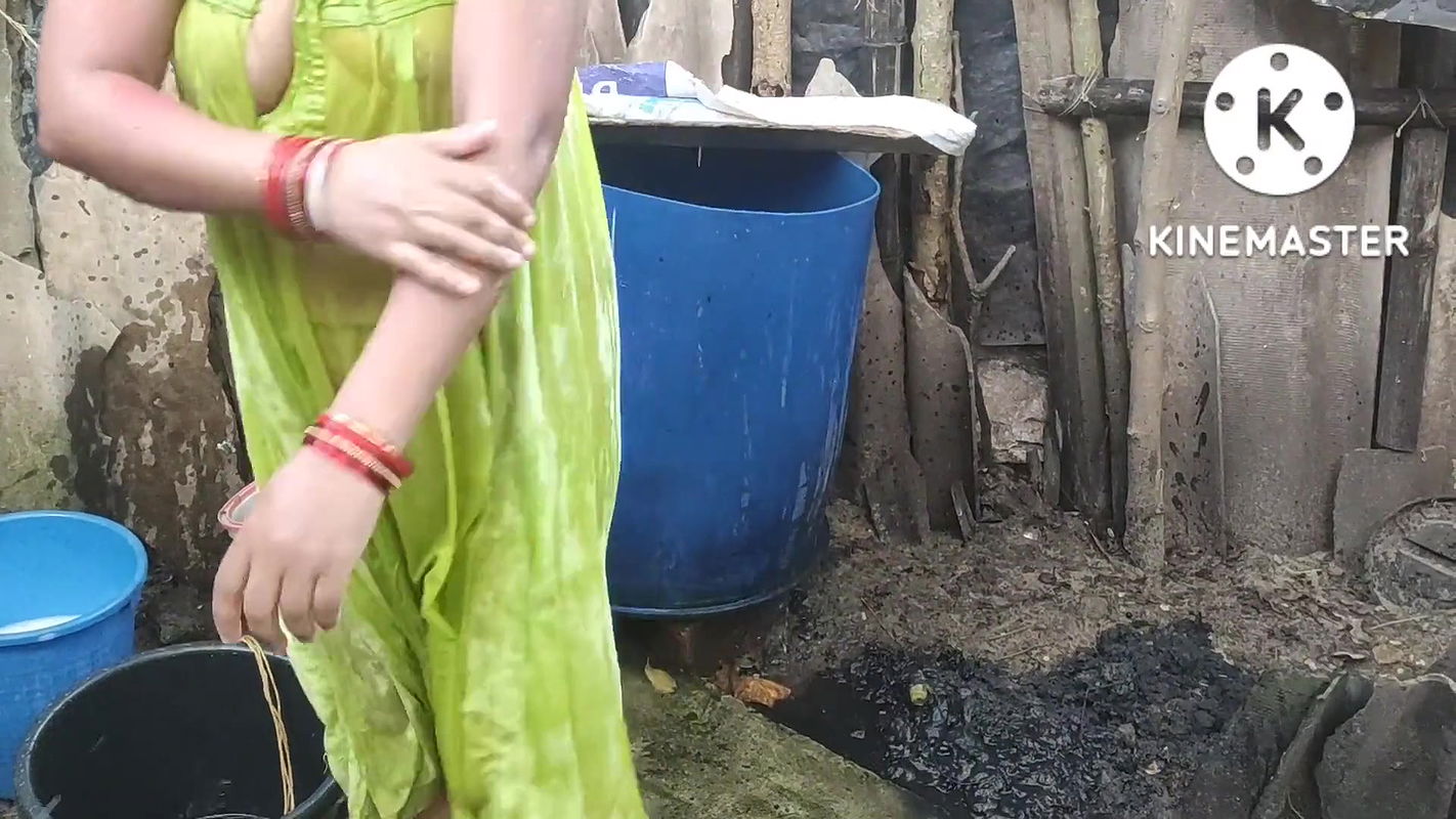 Bathing outside of topless boobs