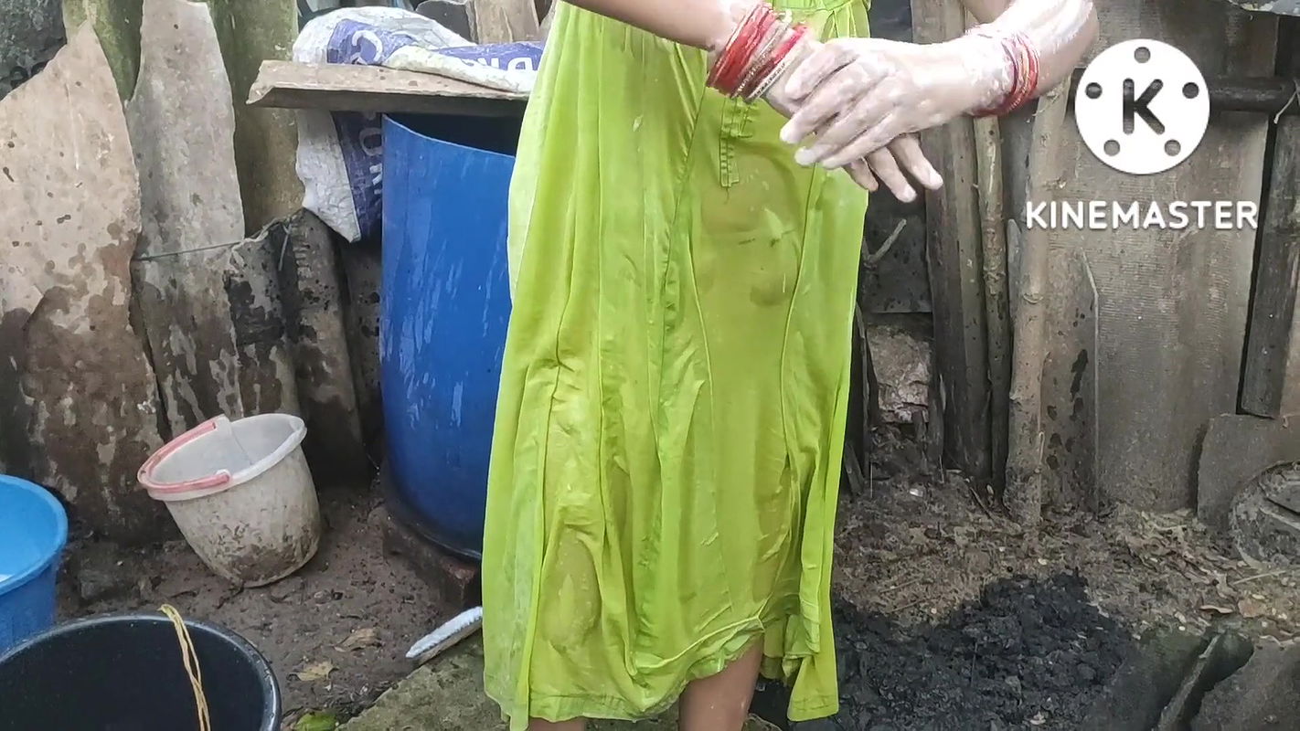 Bathing outside of topless boobs