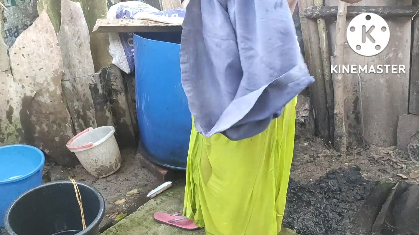 Bathing outside of topless boobs