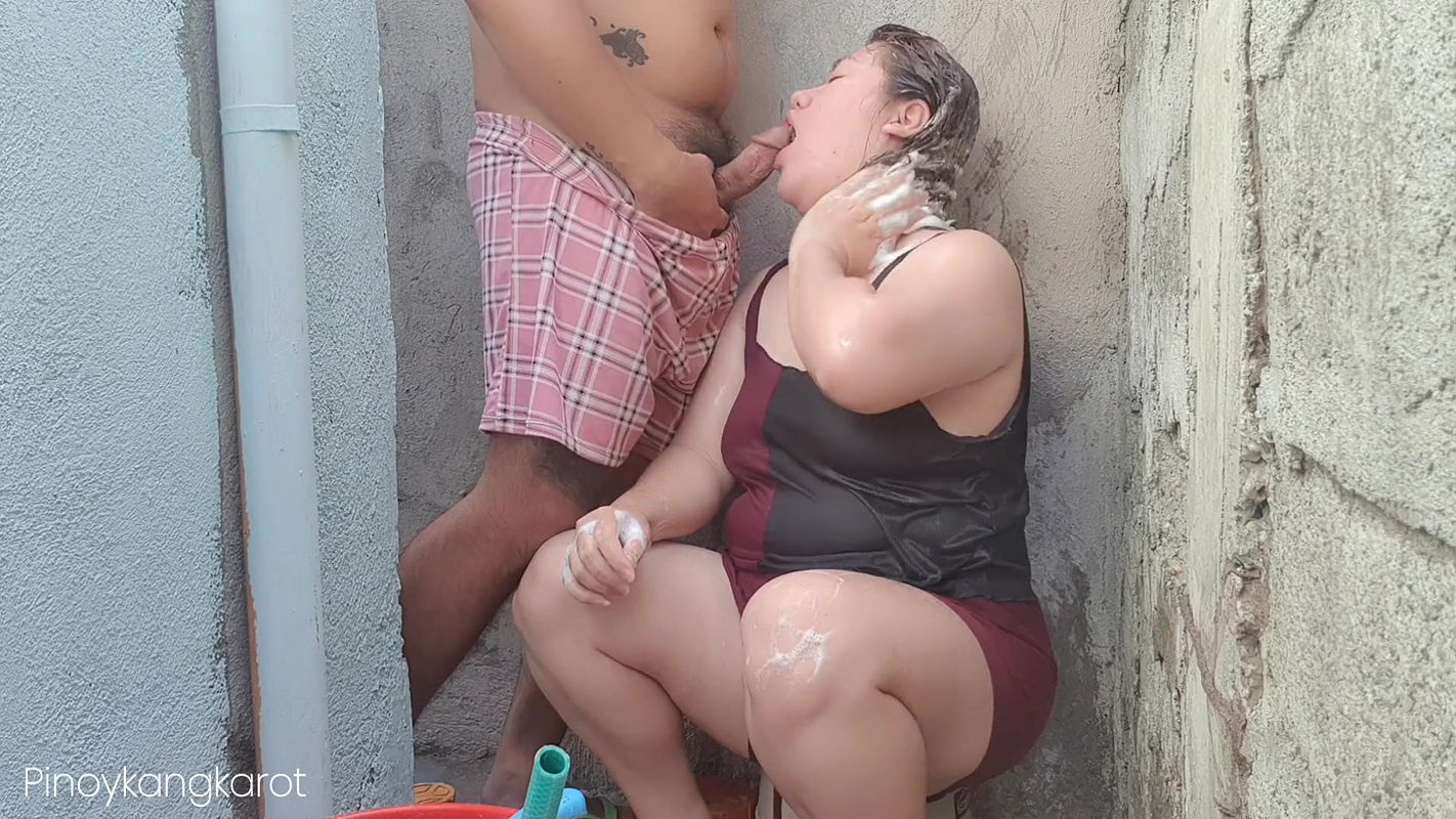 Filipina taking a bath outside the house get fucked