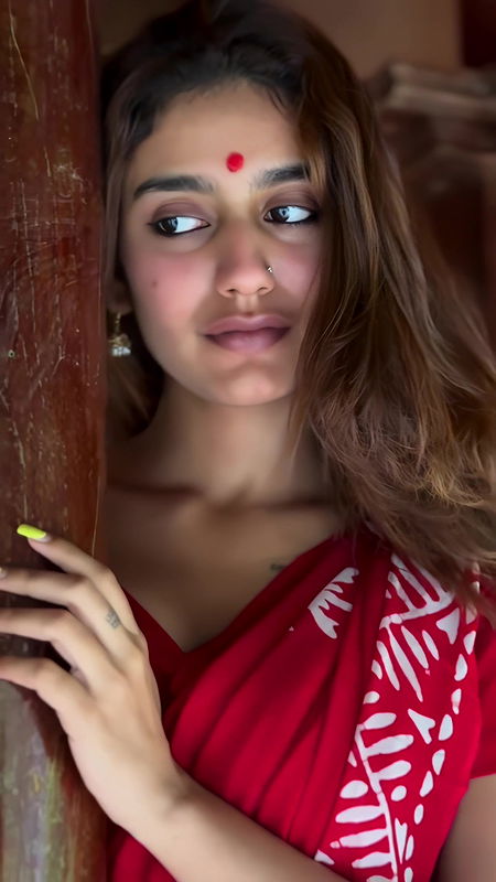 PRIYA PRAKASH VARRIER CUTE SEXY WIFE MATERIAL IN RED SAREE HQ VIDEO2