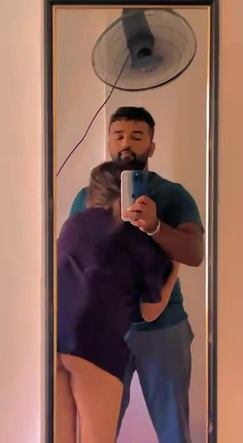 Hot wife boob sucking by husband in front of mirror