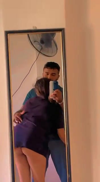 Hot wife boob sucking by husband in front of mirror
