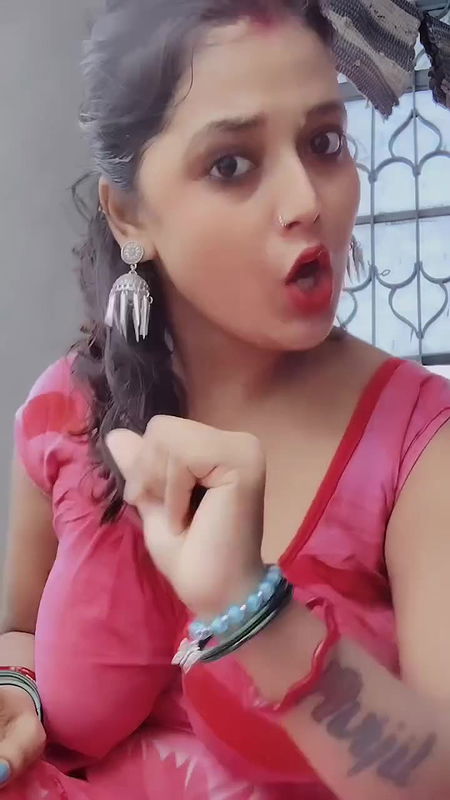 hot girl in red dress with big boobs making reel 2